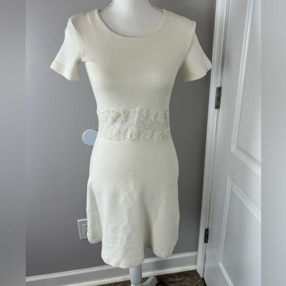 SANDRO Ivory Knit Fit & Flare Dress With Lace Mid Detail Size 1 | US Small - Picture 1 of 11